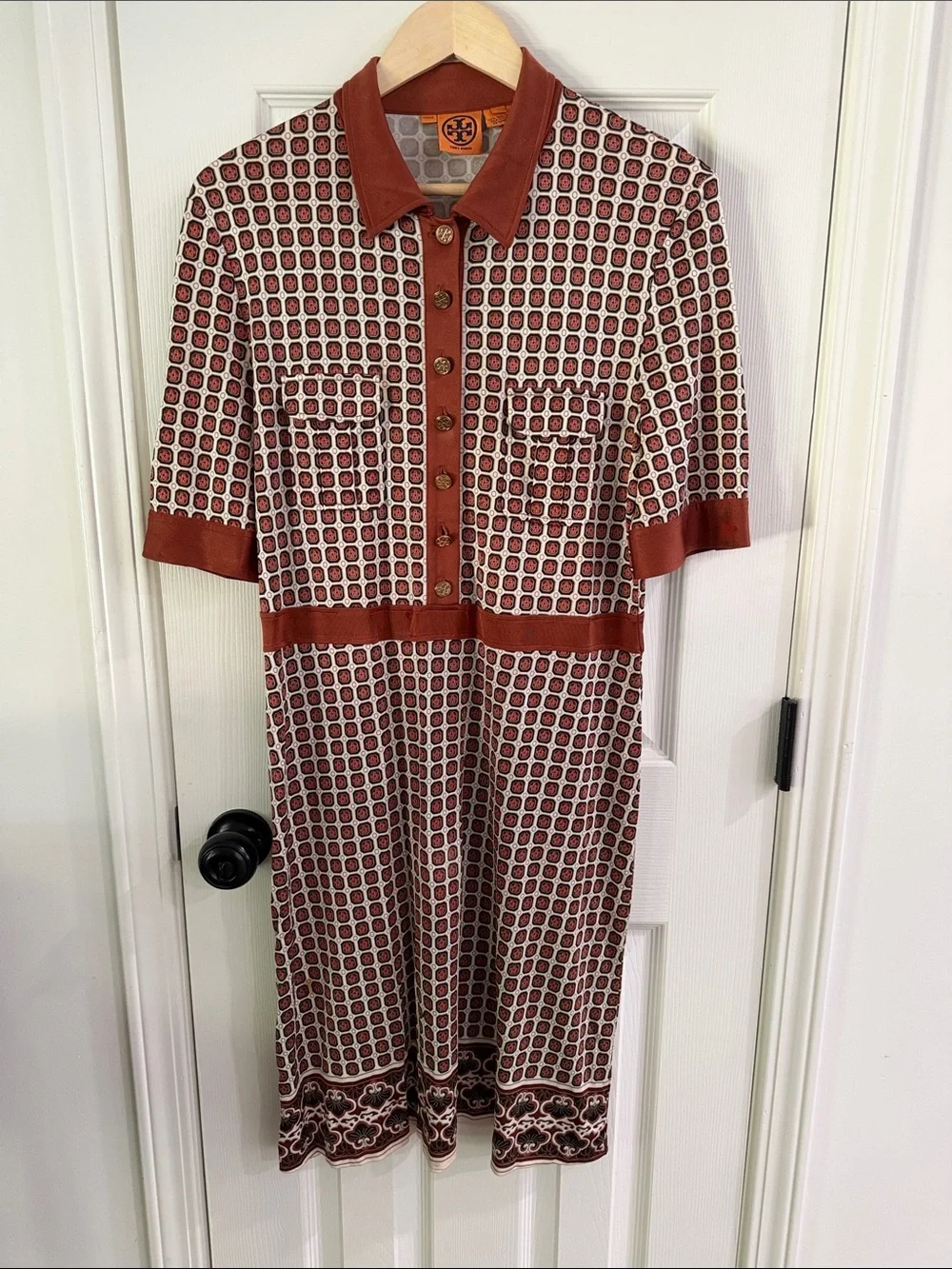 Tory Burch Rust and Cream Geometric Knit Polo Midi Dress